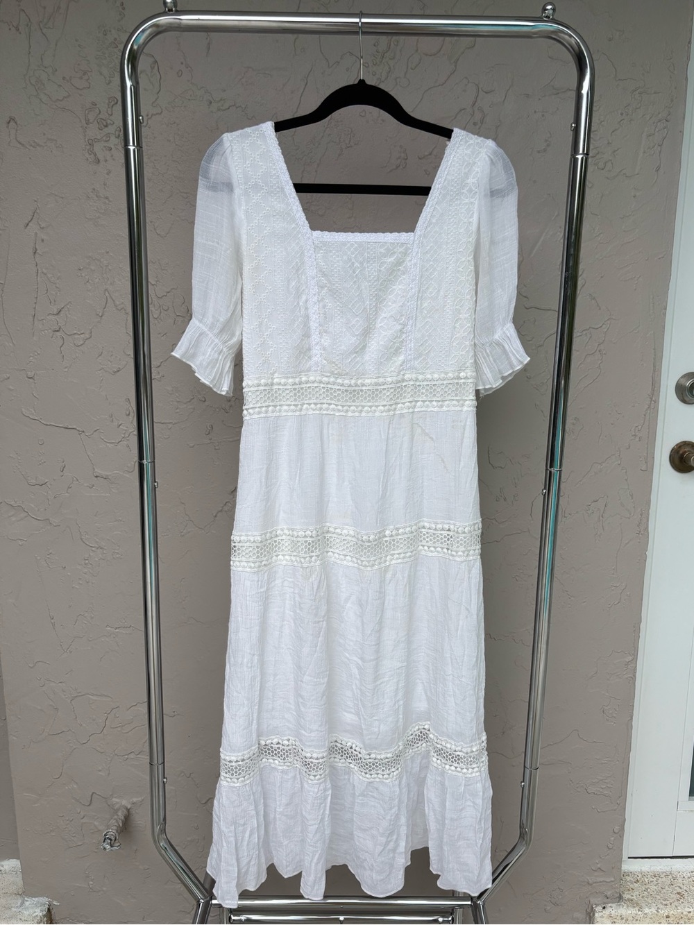 White Lace-Trim Square Neck Maxi Dress